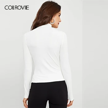 COLROVIE Balts Criss Cross Stand Apkakli Salātu Adīt Sexy T-Krekls Sievietēm 2019. Gada Pavasarī Krekls ar garām Piedurknēm Slim Fit Birojs Dāmu Tee