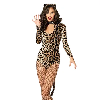 Cosplays Sieviešu Porno Sexy Apakšveļa Lomu spēles Sexy Apakšveļa Puma Leopards Drukāt Erotiska Babydoll Catwoman Kostīmi 3PC Plus Lieluma