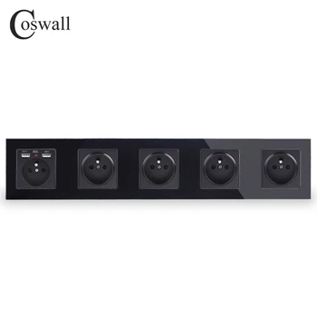 COSWALL 16A 2/3/4/5 Banda francijas Standarta strāvas Kontaktligzdu + Dual USB Uzlādes Pieslēgvietas Paslēptas Mīksta LED Indikators Stikla Panelis