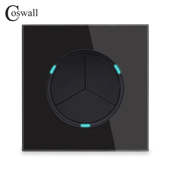 Coswall 3 Banda 1 Veidā, Izlases Noklikšķiniet uz On / Off Sienas Gaismas Slēdzis Ar LED Indikatoru Bruņinieks Black Crystal Rūdīta Stikla Panelis