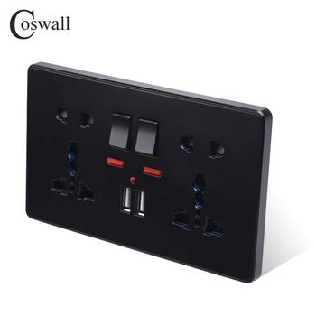 Coswall Sienas Kontaktligzda ar zemējuma kontaktu Divvietīga Universal 5 Caurumu Komutācijas modulis Ar Neona 2.1 Dual USB Lādētāja Ports LED indikators Krāsa Melna