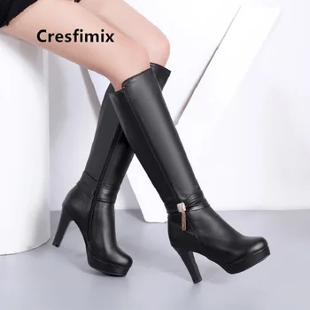 Cresfimix sieviešu modes augsta papēža, melns pu ādas rudens gari zābaki dāma gadījuma brūni zābaki, balts boot bottes femmes a6016