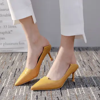 Cresfimix sieviešu modes salda, dzeltenā pu ādas duncis papēži puse & night club dāma melnā vasaras biroja papēža kurpes a6537