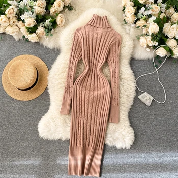 Croysier Kleitas Sievietēm 2020. Gadam Elegants Midi Sexy Garām Piedurknēm Bodycon Kleita Ziemā Silts Kabeļu Trikotāžas Augstu Uzrullētu Apkakli Džemperis Kleita