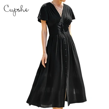 CUPSHE Black Buttoned V-veida Kakla Midi Kleitu Sieviete, Seksīga, ar Īsām Piedurknēm Sadalīt Kleita Ir 2021. Pludmale Vasarā Meitenes Sundress Vestidos