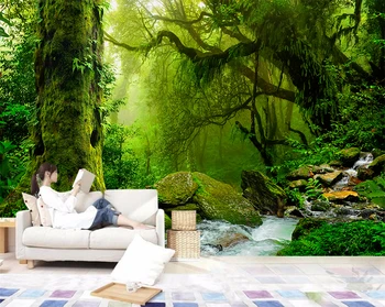 Custom Tapetes 3D Efekts Mežu Ūdenskritums Koku Džungļos Dabas Mūsdienu Meža Ceļu, Sienas Uzlīmes, Dzīvojamās Istabas, Guļamistabas Sienas