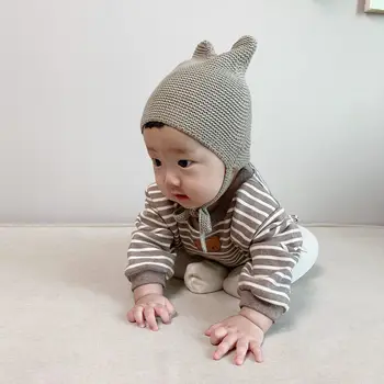 Cute Baby Sunīti Cepure Silta Adīta Jaundzimušo Meitene Zēns Rudens Ziemas Cepure Tīrtoņa Krāsu Cilpu Zīdaiņu Toddler Beanie Klp
