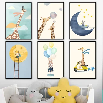 Cute Giraffe Trušu Mēness Balonu Motociklu Sienas Mākslas Audekls Gleznošanai Ziemeļvalstu Plakāti Un Izdrukas Sienas, Attēlus Kids Istabas Dekors