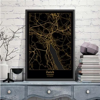 Cīrihē, Šveicē Black&Gold Pilsētas Gaismas Custom Maps Pasaules Pilsētas Karte, Plakātus, Kanvas Izdrukas, Ziemeļvalstīm Sienas Mākslas Mājas Dekoru