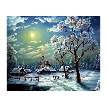 Dabas Sniega Nakts Kotedžu Ainavu attēlu Dimanta Izšuvumus, Rokdarbus Dimanta Glezna krustdūrienā Mozaīkas mājas dekoru WZ