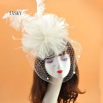 Dabas Strausu Spalvu Cepures Modes Eiropas Dāmu Kokteilis Derby Puse Dot Plīvuru Fascinator Cepures Matu ClipHair Piederumi