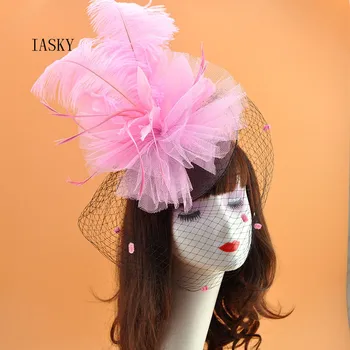 Dabas Strausu Spalvu Cepures Modes Eiropas Dāmu Kokteilis Derby Puse Dot Plīvuru Fascinator Cepures Matu ClipHair Piederumi