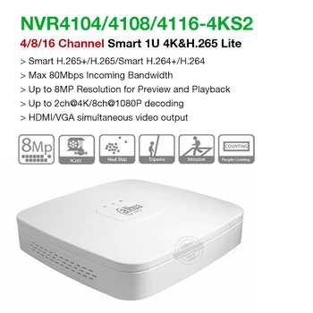 Dahua Sākotnējā NVR4104-4KS2 NVR4108-4KS2 NVR4116-4KS2 4/8/16CH 4K&H. 265 Tīkla Video Ierakstītājs 8MP 1SATA Multi-valodu ONVIF