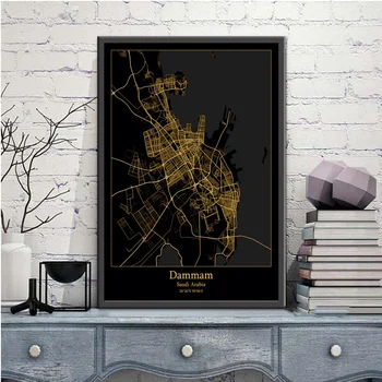 Dammam Saūda Arābija Black&Gold Pilsētas Gaismas Custom Maps Pasaules Pilsētas Karte, Plakātus, Kanvas Izdrukas, Ziemeļvalstīm Sienas Mākslas Mājas Dekoru