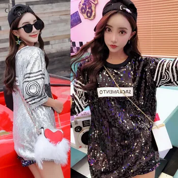 Dangal Sieviešu T Krekls ar Vizuļi Hip Hop Apģērbu Sievietēm Hip Hop T Krekls korejas Modes Apģērbu Sequin Top Sequin Svārki ar Spīdīgām