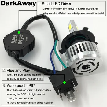 DarkAway LED H4 Motocikla priekšējo Lukturu Hi Lo H4 LED Spuldzes 32W 3000LM Galvas Lampas Conversion Kit Vadītāja Mehānisko 6500K Gaismas Balts