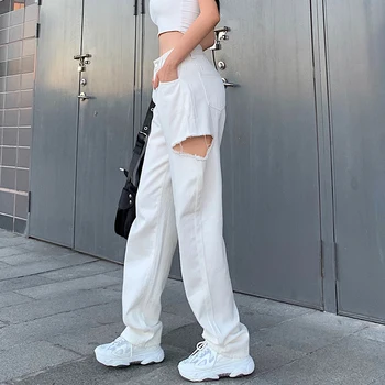 Darlingaga Modes Ripped Caurumu Baltas Džinsa Bikses Sievietēm Taisni Streetwear Džinsi Cietā Augsta Vidukļa Biksēm Pantalones Korejiešu Stilā