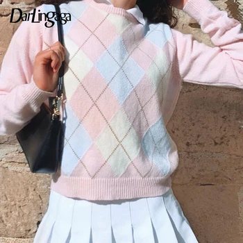 Darlingaga Modes Vintage Argyle Rozā Pleds y2k Sieviete, Džemperi ar garām Piedurknēm Rudens Džemperis Preppy Stils Meiteņu Trikotāžas Džemperis