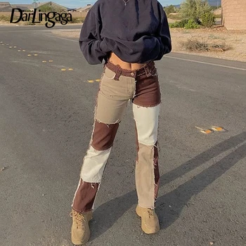 Darlingaga Streetwear Raibs Pušķis Y2K Sieviete Džinsi Straight Gadījuma Kontrasta Krāsu Ilgi Džinsa Bikses Vintage Rudens Džinsi Slim