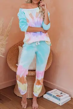 Daudzkrāsains Kokvilnas Maisījums Kabatas kaklasaišu krāsošanas Loungewear Komplekts Sievietēm O Apkakli, garām Piedurknēm Krāsas Bloka Gadījuma Divas Gabals Kostīmi ar Kabatām