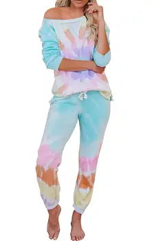 Daudzkrāsains Kokvilnas Maisījums Kabatas kaklasaišu krāsošanas Loungewear Komplekts Sievietēm O Apkakli, garām Piedurknēm Krāsas Bloka Gadījuma Divas Gabals Kostīmi ar Kabatām