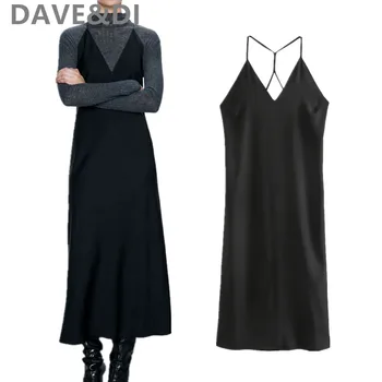 DAVE&DI 2020. gadam anglijā kleita sievietēm cietā piedurknēm melnā spageti siksnas vidum teļš kamzolis vestidos de fiesta de noche vestidos