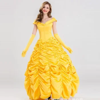 Deluxe Belle Dzeltenu Kleitu Skaistums un Zvērs Belle Kostīmu Fantasia Sieviešu Halloween Pieaugušajiem Emma Waston Lomu Spēlē Bumbu Kleita
