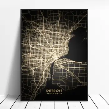 Denver Detroitas Las Vegas, Los Angeles, Miami, Amerikas savienotās Melnā un zelta Audekla Sienas Māksla Kartes Plakāts