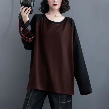 DIMANAF 2020 Plus Lieluma Sieviešu Krekls Rudens Topi Atšķirīgās Krāsas, O-veida Kakla Brīvs Džemperis Ikdienas Stila Vintage Kokvilnas Jaunu Tees