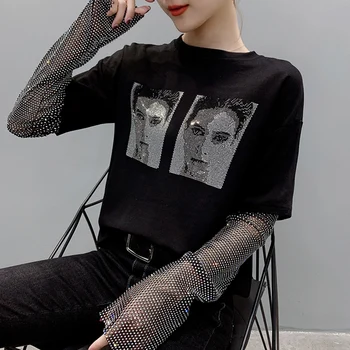 Dimanta T-Krekls Sieviešu Pavasara Spīdīgu Rhinestone T-krekls, Sieviete, Ilgi Piedurkne Eiropas Stilā Braukt Urbt Piedurknēm Paneļa Augšējā Tee Black