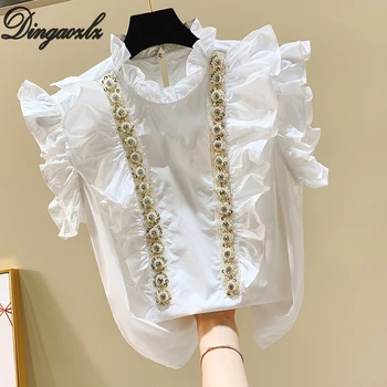 Dingaozlz Īsām Piedurknēm Balts Krekls Salds Lotus Leaf Sieviešu apģērbu Pērle Ruffles apkakles Šifona blūze Topi roupas feminina