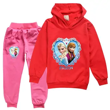 Disney Baby Meitenes Hoodies Komplekti Pavasara Rudens Bērnu Apģērbu Princese Elza Anna Druka Garām Piedurknēm Džemperis+Bikses Bērniem, Topi