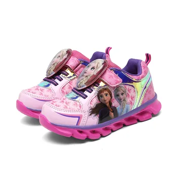 Disney Cartoon Saldēti 2 bērnu ikdienas apavi meitenēm sporta apavi gadījuma LED gaismas flash apavi bērnu elsa princese apavi