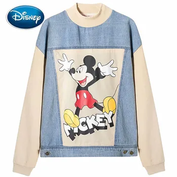 Disney Sporta Krekls Modes Mickey Mouse Vēstuli Karikatūra Izdrukāt Džinsa Raibs Vintage Sievietēm, O-Veida Kakla Garām Piedurknēm Harajuku Top Sieviete