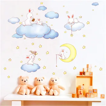 DIY Cute Karikatūra Guļamistaba Mēness un Zvaigznes Uzlīme Zieds Balts Mākonis Trušu Dzīvnieku Sienas Uzlīmes Bērnudārza Apdare