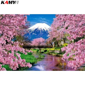 DIY Dimanta Izšuvumi Mount Fuji Dimanta Krāsošana Ķiršu Ziediem Pilnu Kvadrātveida Urbt Rhinestones Mājas Apdare XY1