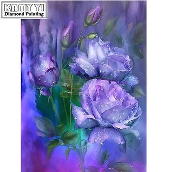 DIY Dimanta Ziedu Izšuvumi Attēlu Rhinestones,5D Dimanta Glezna Krustdūrienā Purpura Rozes Mozaīkas Sienu Apdare LK1