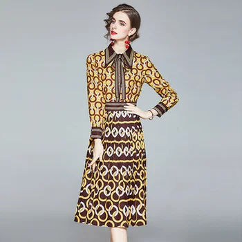 Dizainers Skrejceļa Kleita Sievietēm, Plus Lieluma Garām Piedurknēm Zelta Vintage Print Kleita Dāmas Eleganta Slim Puse Midi Kleitu Vestidos Mujer