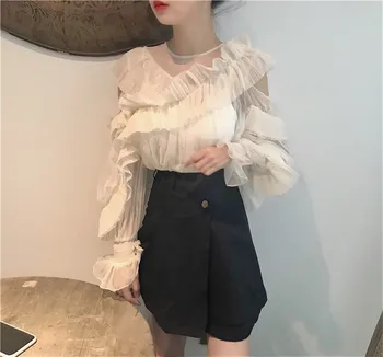 Dizains Sieviešu Modes Ruched Ruffles Krekli Dobi Milzīgais Šifona Sieviešu Krekls 2019 Jauna Eleganta Femininas Korejas Acs Blūzes