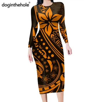 Doginthehole Stilīgs Bodycon Zīmulis Kleita Sievietēm Apelsīnu Polinēzijas Hibiscus Cilšu Modelis Ar Garām Piedurknēm Streetwear