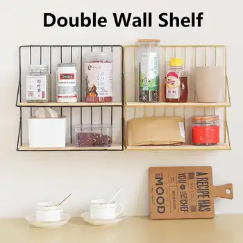 Double Wall Shelf Uzstādīts Uzglabāšanas Plaukts Organizācijas Guļamistabas Virtuves Sienas Plaukts Piekārtiem grozu plaukti Koka Dzelzs Turētāju
