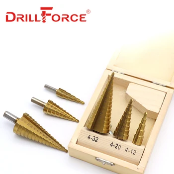 Drillforce 3PCS Liels Solis Konuss HSS Tērauda, Titāna Spirāli, Rievotas Solis Urbju Komplekts Caurumu Griezējs Cut Tool 4-12/20/32mm +Koka Kastē