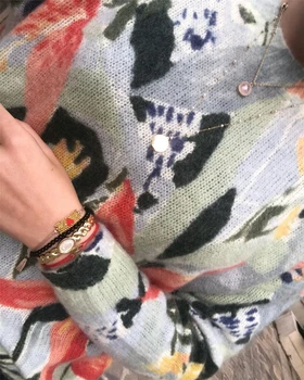 Dropshipping Apaļas Izgriezums, Iespiests Žakarda Džemperis garām piedurknēm Ziedu Iespiesti Pulovers Vilna, Mohēra Trikotāža 