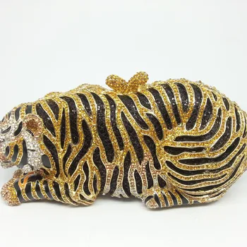 Dubultu Ziedu Vintage Golden Tiger 3D Forma Sievietēm Kristāla Dzīvniekiem Minaudiere Soma Sajūgs Maku Kāzu Vakara Kokteilis Somas