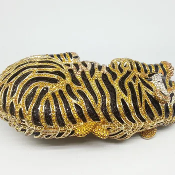 Dubultu Ziedu Vintage Golden Tiger 3D Forma Sievietēm Kristāla Dzīvniekiem Minaudiere Soma Sajūgs Maku Kāzu Vakara Kokteilis Somas