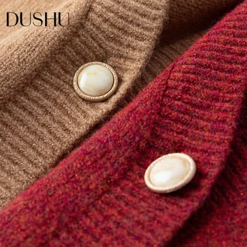 DUSHU Sarkans plus lieluma ziemas adīta jaciņa Sievietēm ar garām piedurknēm, elegants lielgabarīta vilnas džemperis Trikotāžas vintage sieviešu džemperis top