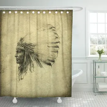 Dušas Aizkars Brūna Etniskā, Amerikas un Indijas Galvenais Vintage Spalvu Galvas Rasējums Ūdensizturīgu Poliestera Audumu 72 x 78 cm