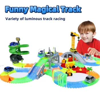 Dzelzceļa Burvju Dziesmu Kvēlojošs Elastīgu Auto Rotaļlietas Bērniem Sacīkšu Līkumu Dzelzceļa DIY Led Zibspuldze Gaismas Rotaļlietas Bērniem