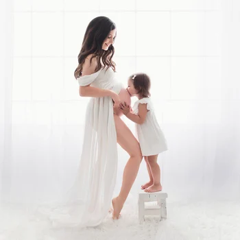 Dzemdību Pie Pleca Šifona Kleita Fotogrāfija Mežģīnes Sadalīt Priekšā Maxi Kleita Photoshoot Kleita Baby Dušas Grūtniecības DressD30