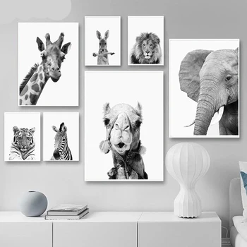 Dzīvnieku Print Lauva, Zilonis, Zebra Sienas, Mākslas Plakātu, Safari Pirmsskolas Kanvas Glezna Melnā Un Baltā Attēlus, Bērni, Telpu Dekorēšana